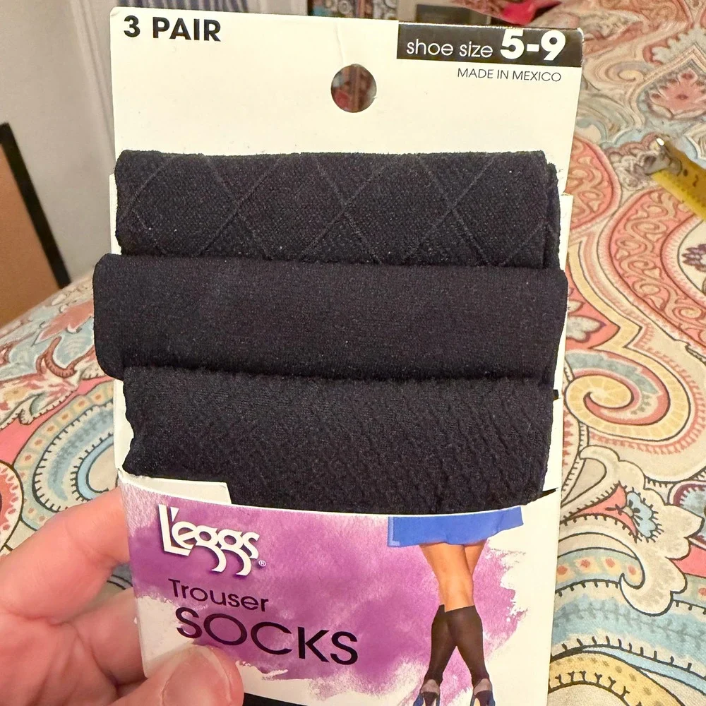 L'eggs‎ Trouser Socks 3 Pair Pack Black Diamond Smooth Knee High Shoe Size 5-9